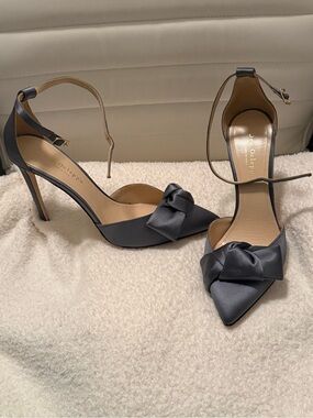 Dee Ocleppo Pointed-Toe Ankle-Strap Satin Heels with Knot Detail in Gray